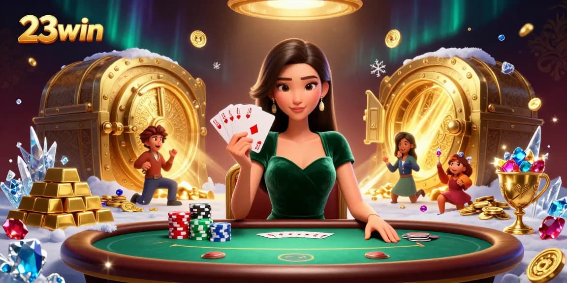 Experience thrilling gameplay with 23win, showcasing a beautiful Asian woman in a luxurious poker setting.