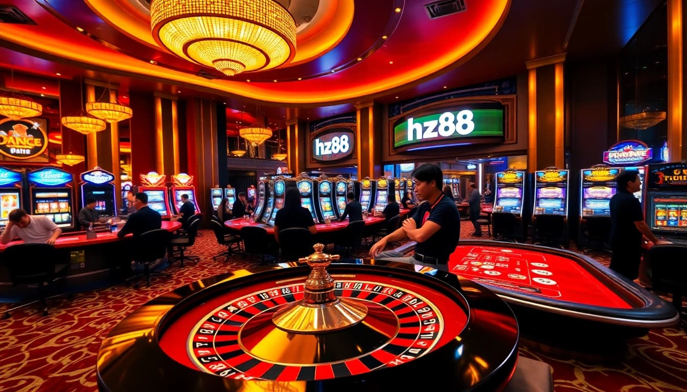 Engaging casino gaming scene with HZ88 branding featuring excited players at tables.
