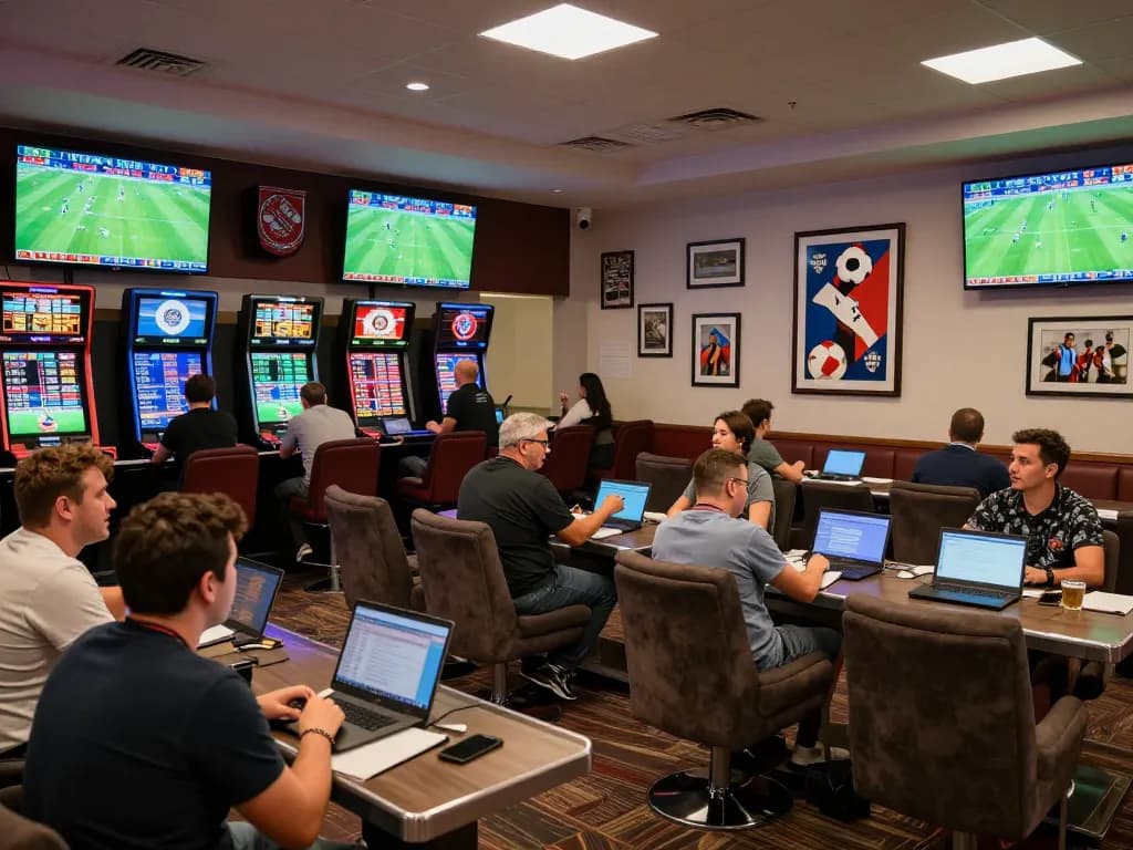 Football predictions being analyzed by engaged bettors in a lively sports betting lounge.