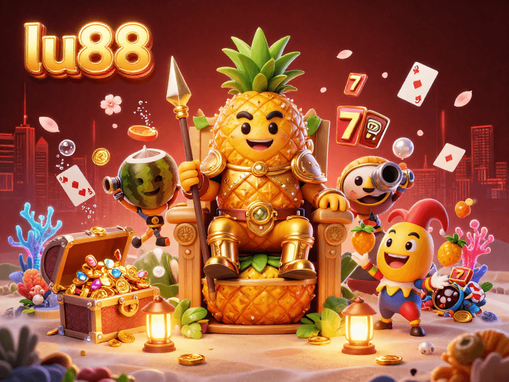 Experience thrilling fun at lu88 as the golden pineapple king presides over a vibrant casino scene.