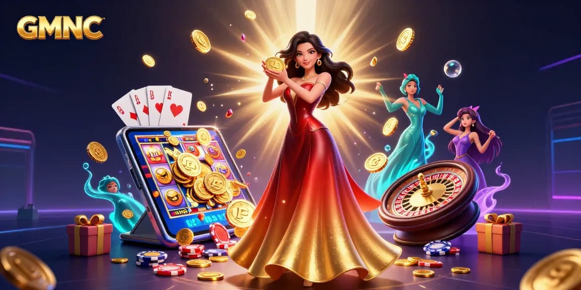 Experience GMNC's captivating world of gambling with a stunning Asian woman holding a golden coin amidst a shower of treasures.