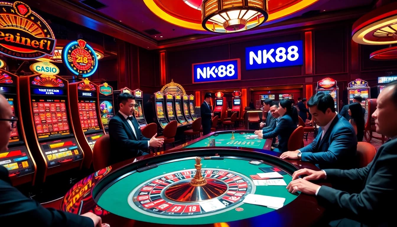Players enjoy thrilling casino action at NK88 roulette with colorful chips and bright slot machines.