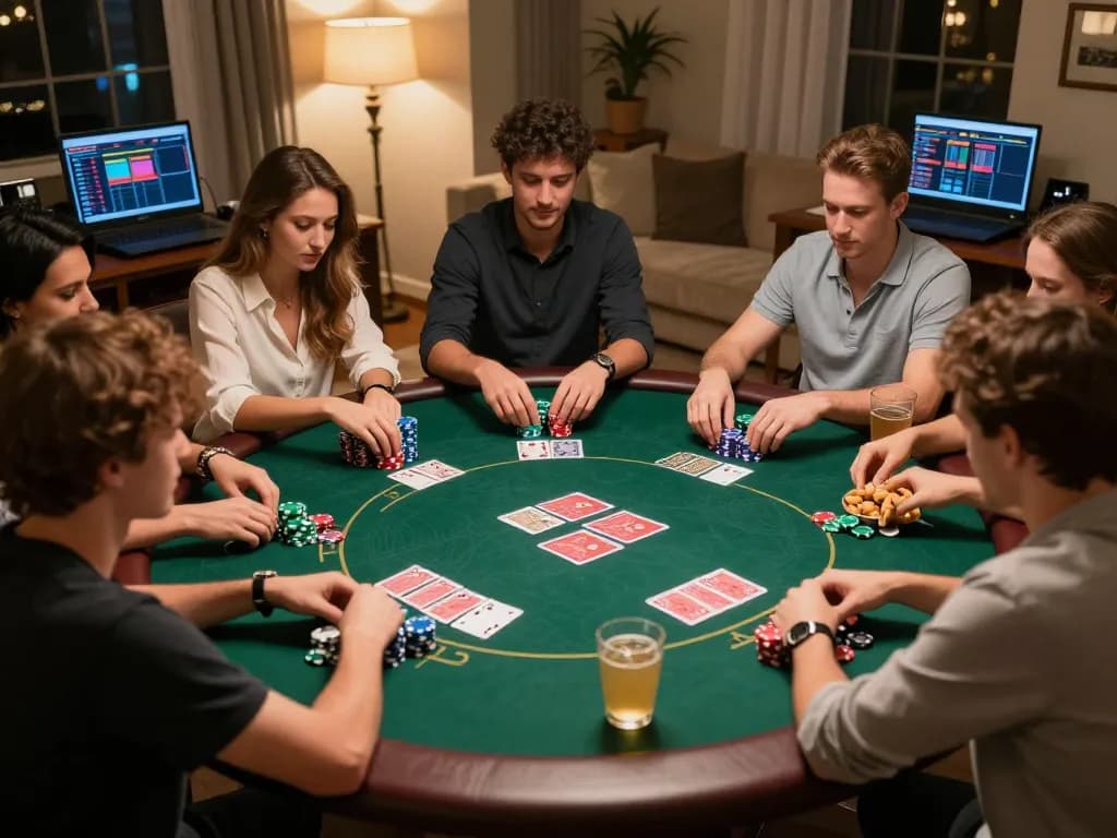 Friends enjoying a poker game at home while exploring 99wincasino online, showcasing engaging gameplay.
