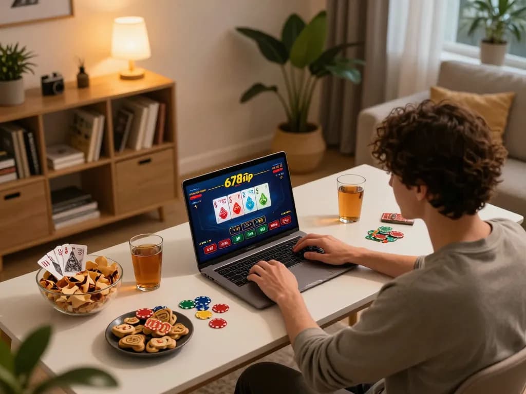 Player engaging in a poker game on 678vip with a laptop at home, creating a cozy gaming atmosphere.