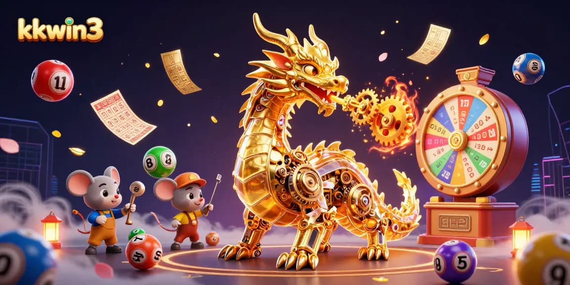kkwin3 features an energetic scene with a golden dragon and vibrant lottery elements.