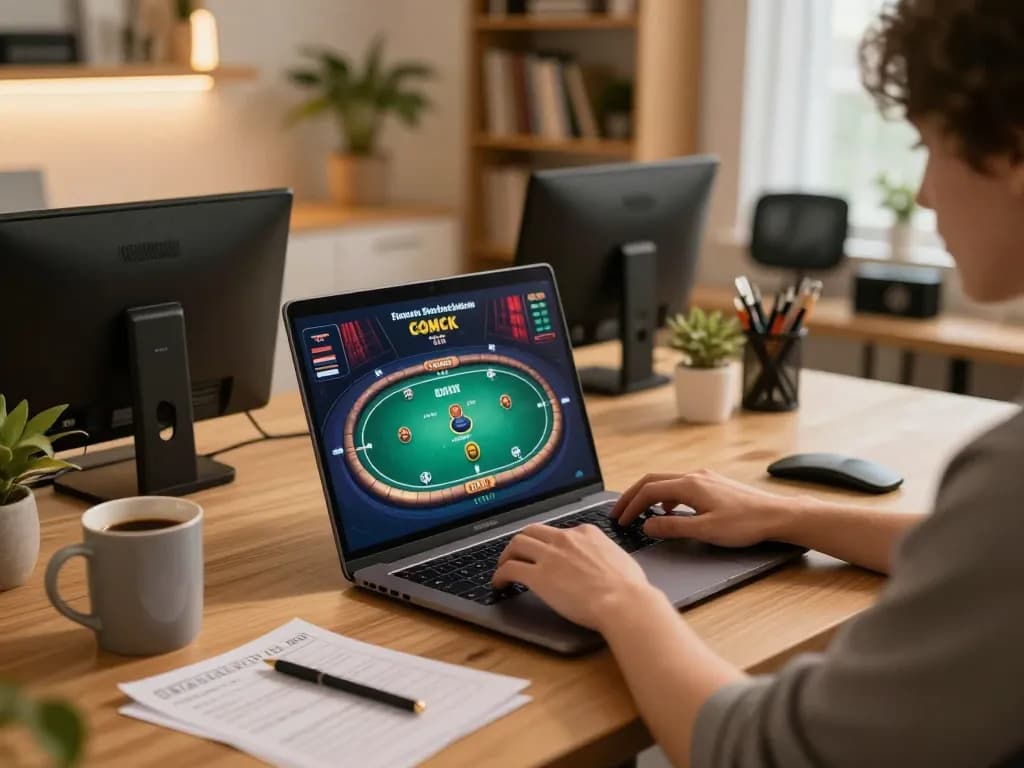 Engaged player at home on w188 com, enjoying online casino poker with cozy atmosphere.