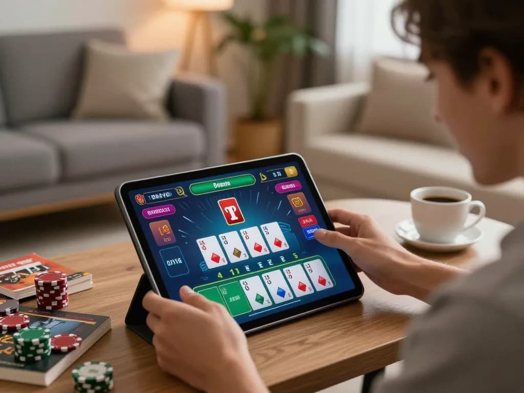 33WIN player engaging with blackjack game interface in a cozy home setting