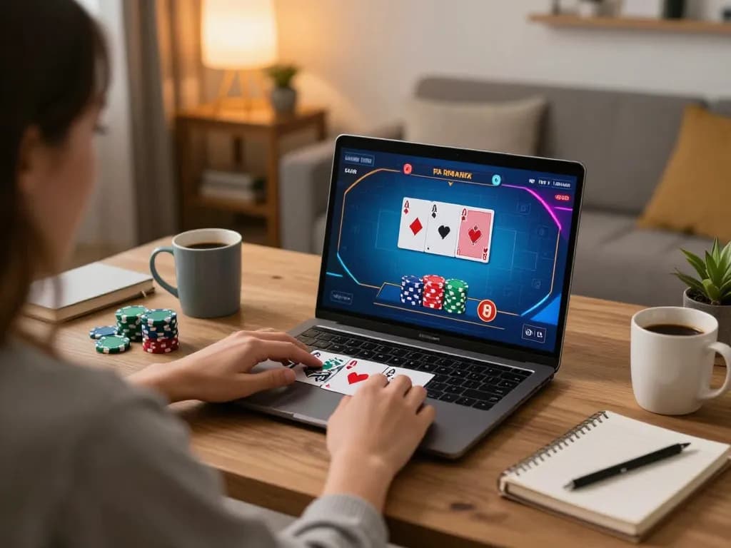 Player engaging with MMOO online poker game setup in warm, inviting home environment