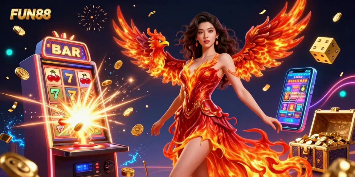 Experience FUN88's thrilling casino action with a stunning Asian woman and vibrant 3D slot elements.