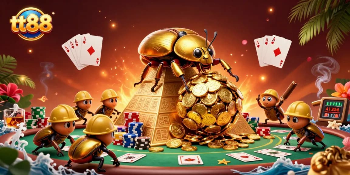 Engage with tt88's vibrant gaming experience featuring golden dung beetles and casino elements.