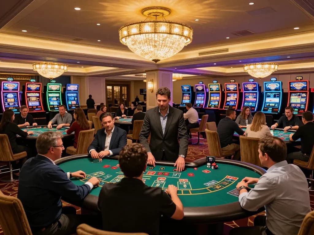 MISO88 players enjoying a vibrant blackjack game in an upscale casino setting with lively interactions.
