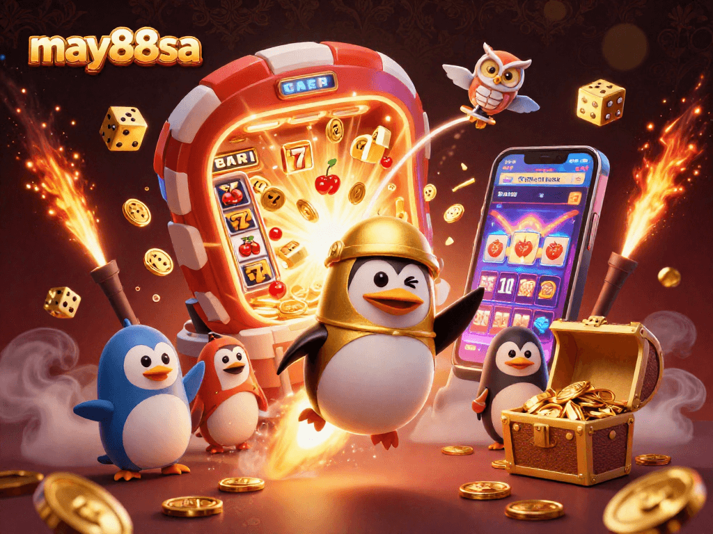 Experience thrilling adventures with may88sa, featuring a golden penguin and dynamic casino elements.