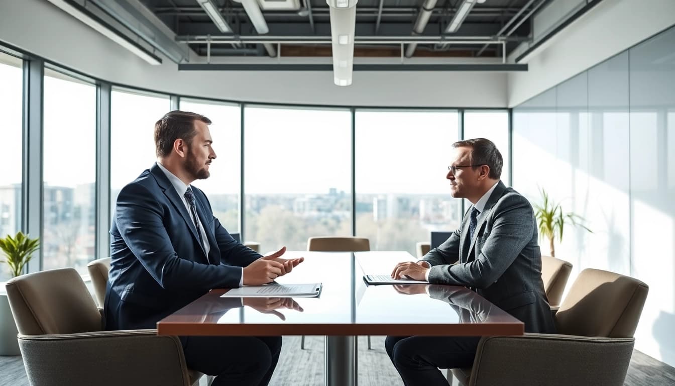 Headhunter Saarbrücken in einem modernen Büro, das mit einem Kandidaten spricht.