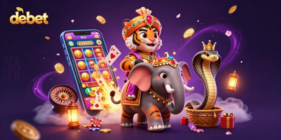 Engage in exhilarating gameplay at debet with the maharaja tiger and his elephant, showcasing vibrant slot elements.