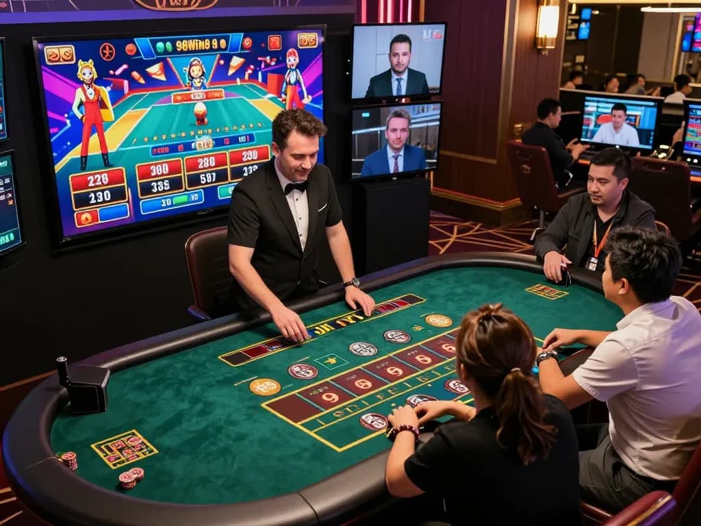 Engaging live dealer game experience at 98win9, showcasing players interacting enthusiastically over webcam.