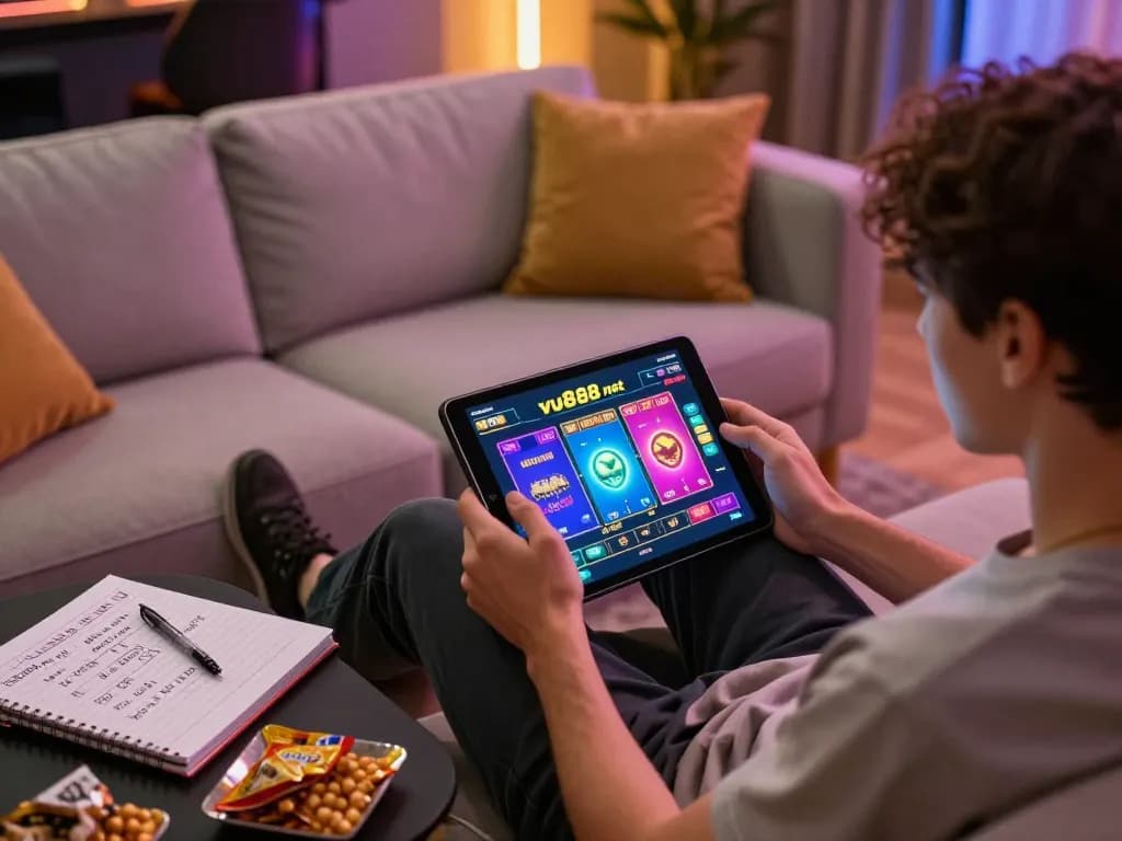 Gambling on vu88 net platform using tablet, cozy home setting with stylish decor