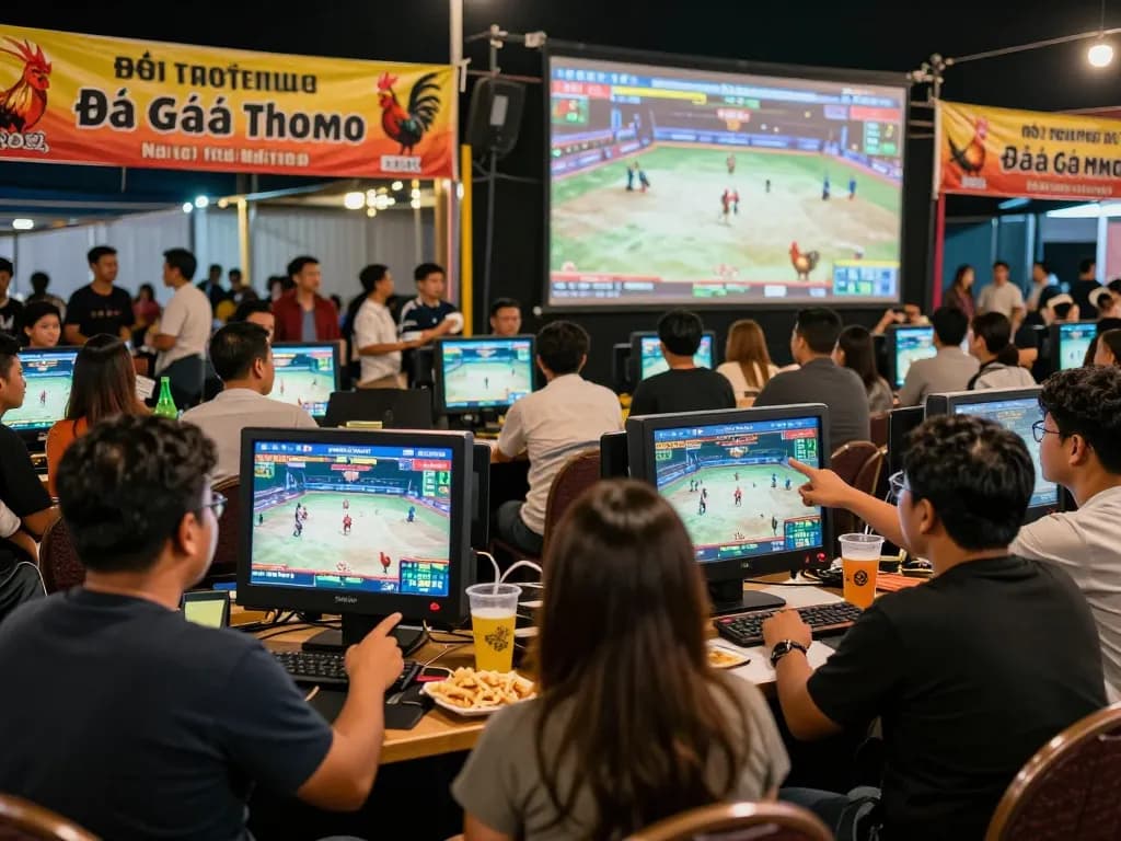 Exciting scene of Đá gà thomo live betting with crowd engaged in match.