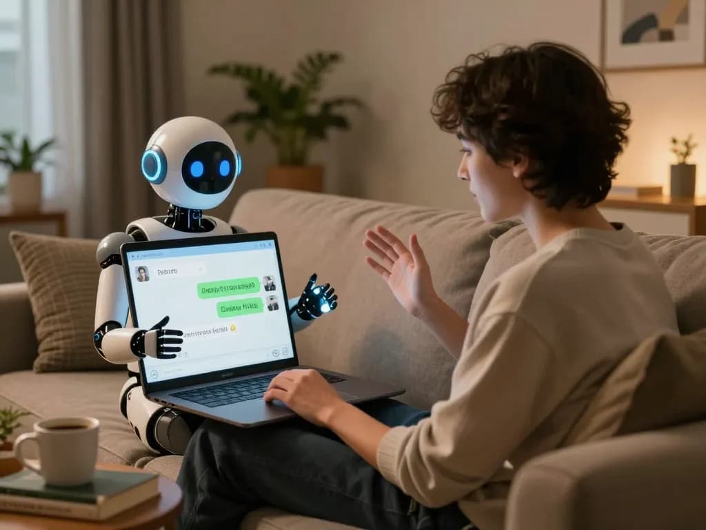 Experience engaging porn chat AI interaction in a cozy living room with a digital avatar and user.