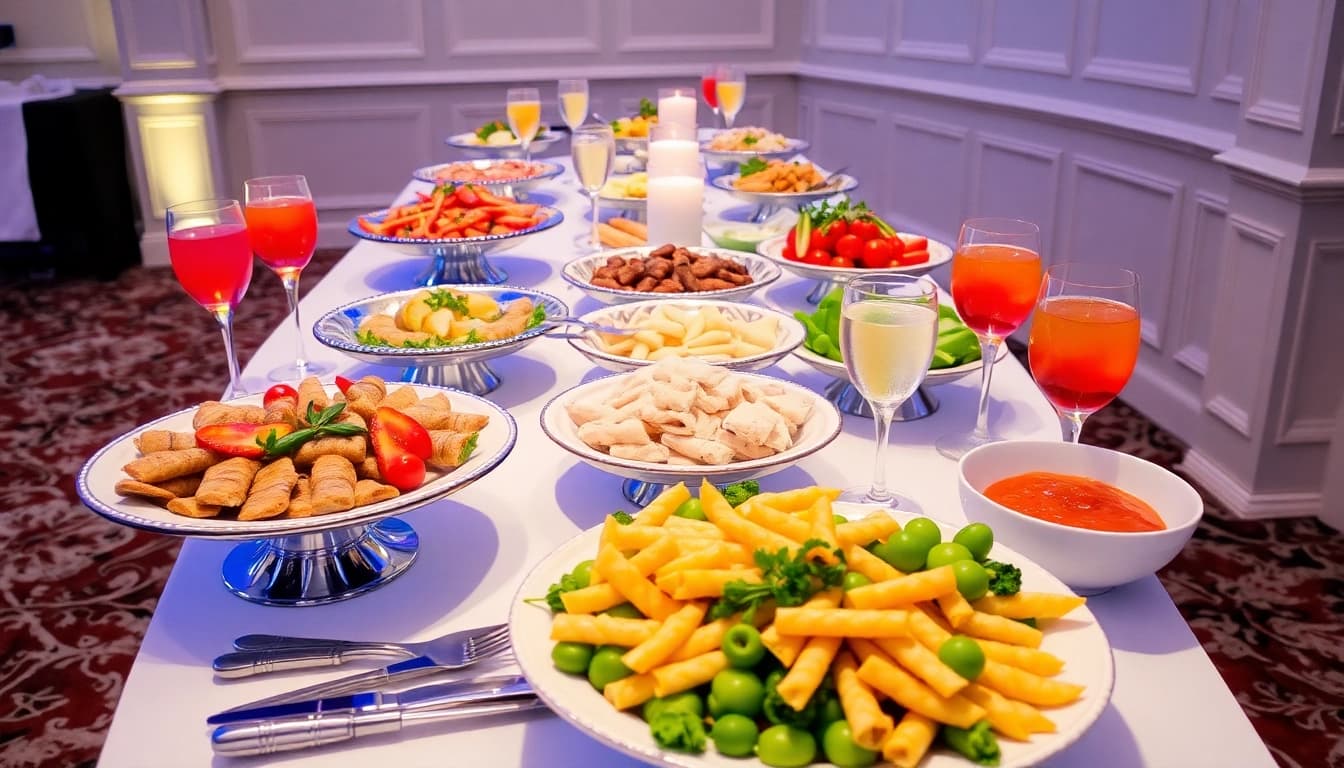 Catering-Buffet mit frisch zubereiteten Gerichten und stilvollen Arrangements für besondere Anlässe.
