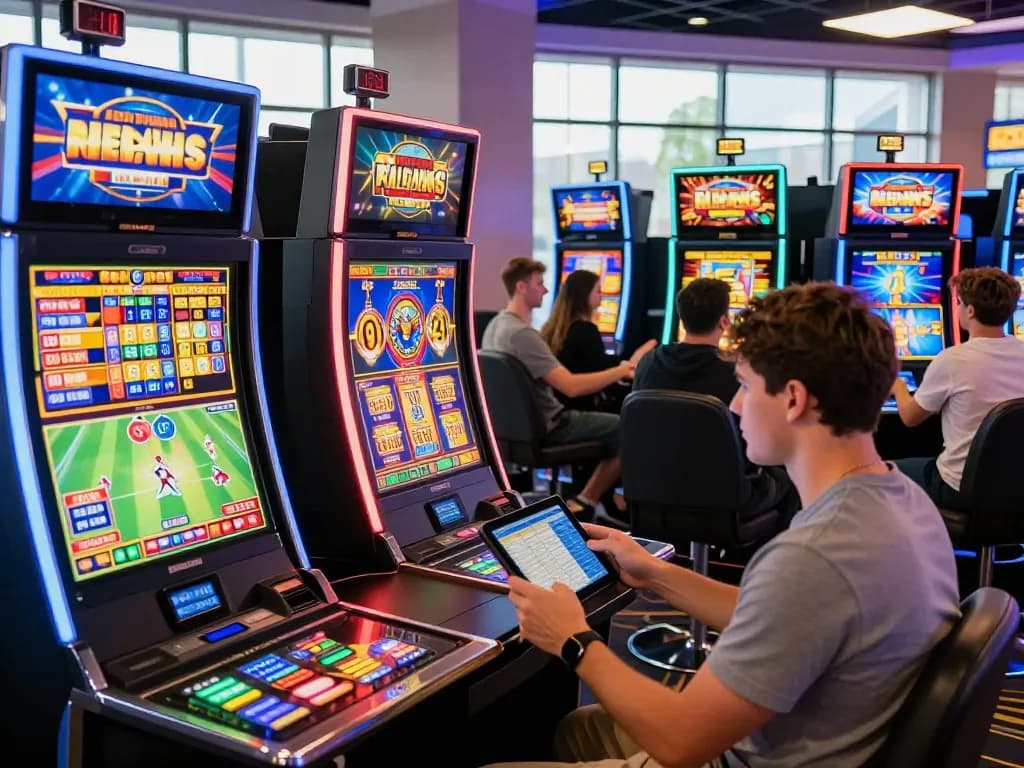 Players enjoying various games at O8 casino, showcasing vibrant lights and engaging sports betting.