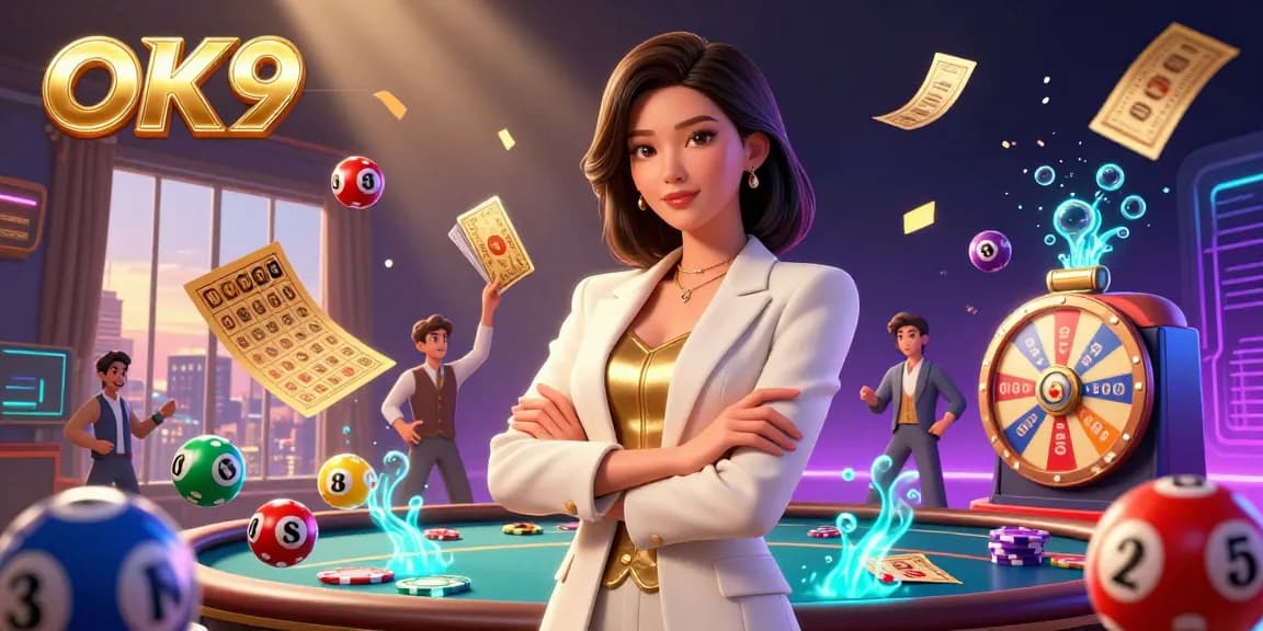 Engage with OK9's thrilling gaming world while enjoying vibrant lottery balls and golden cards.