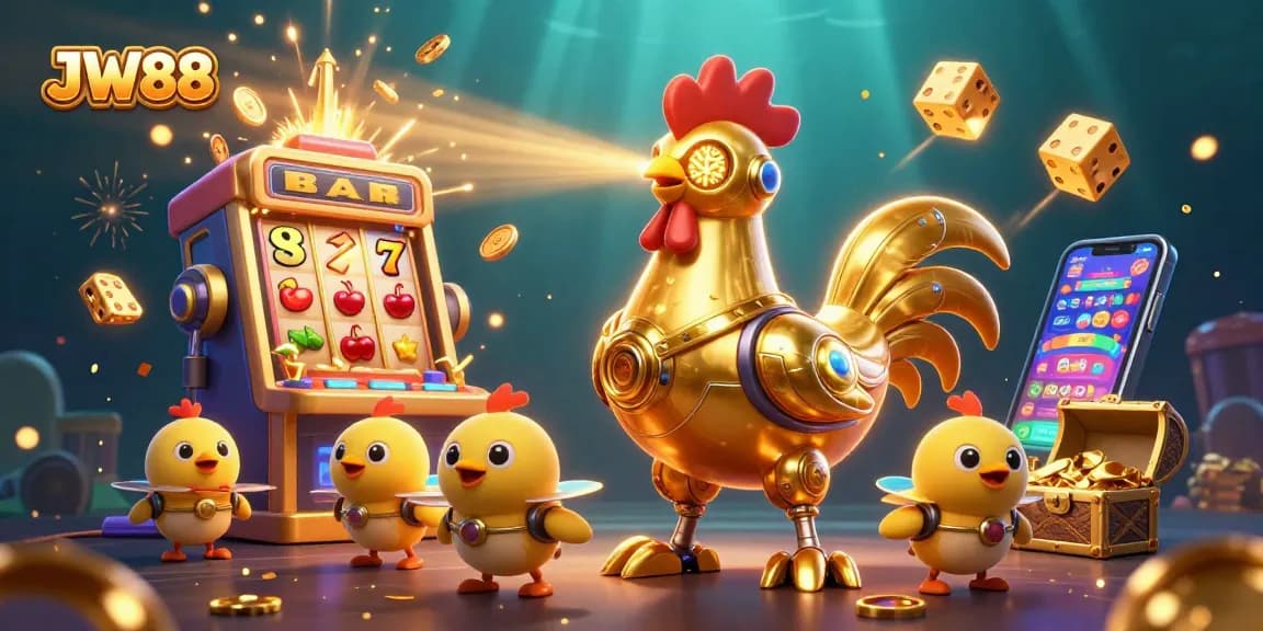 Experience the excitement of JW88 with a dynamic scene of a golden rooster robot and treasure.