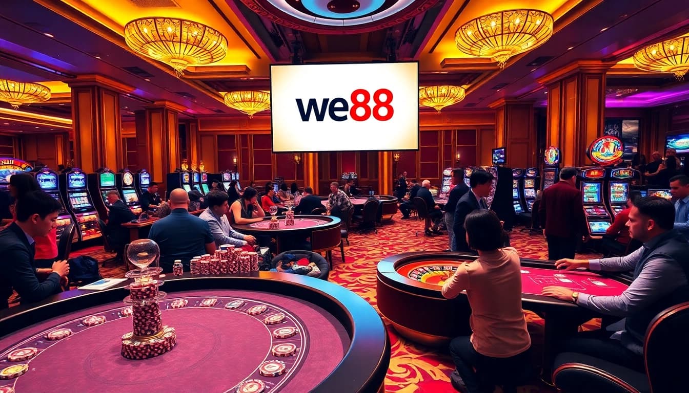 WE88 casino scene with players at poker tables and roulette wheels, enhancing online excitement.
