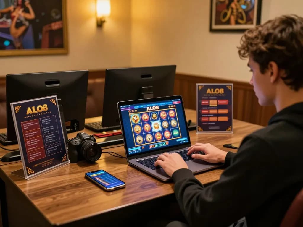 Person playing ALO8 slots online with a laptop in a cozy gaming setup, emphasizing responsible gaming.
