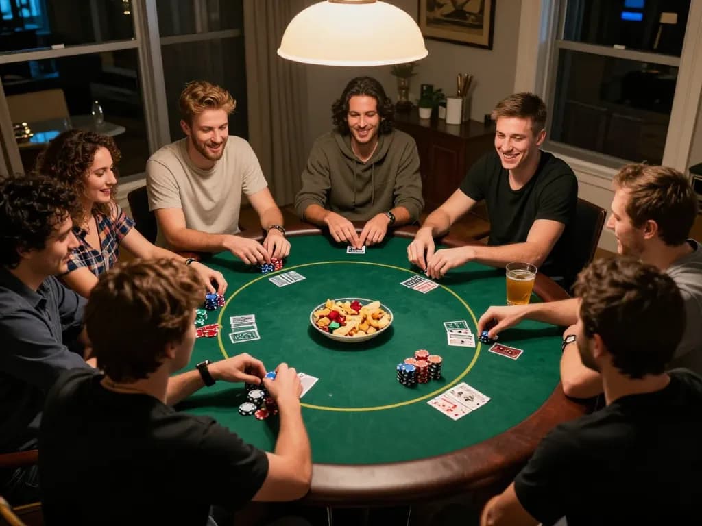 Freunde genießen einen Pokerabend zu Hause und nutzen mrbit-de für Online-Spielstrategien.