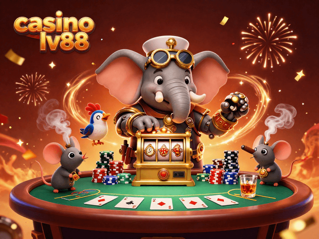 Engaging scene of casino lv88 showcasing a colorful poker table, steampunk characters, and dynamic gaming action.