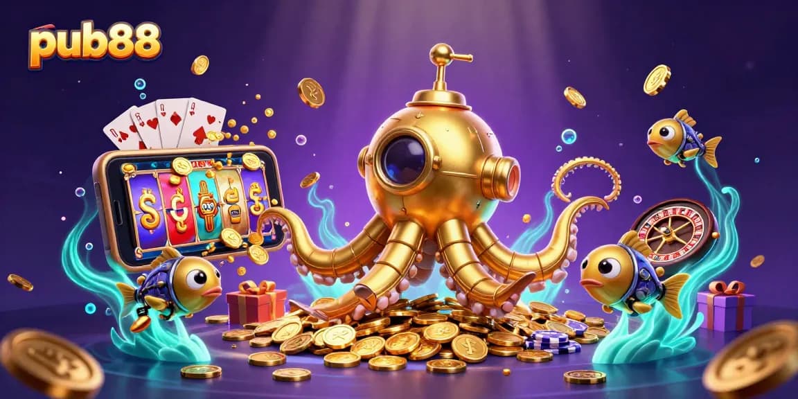 Engage with pub88's thrilling slots experience amidst a golden kraken submarine adventure.