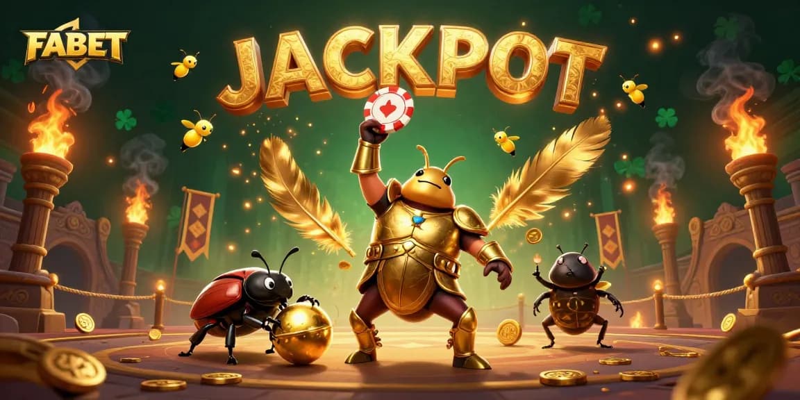 FABET champions celebrate with a golden poker chip under a jackpot flickering above in a casino arena.