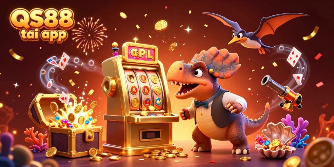 Experience the excitement of QS88 tai app as the pachycephalosaurus triggers a huge jackpot, catching flying coins in a vivid casino scene.