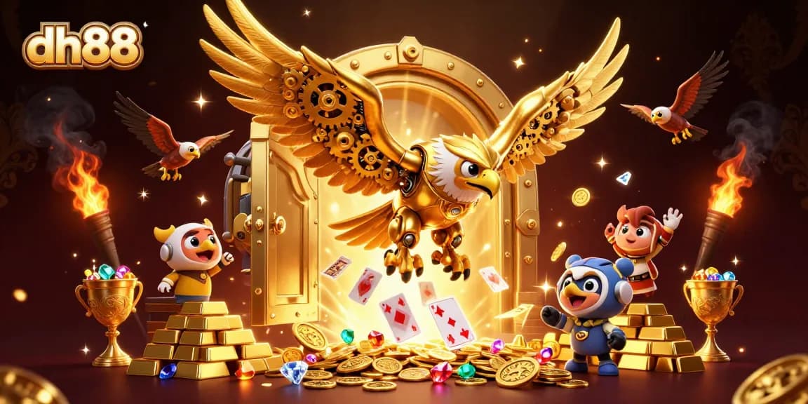 Experience the thrill of dh88 as the golden eagle dives amidst holographic cards and treasures.