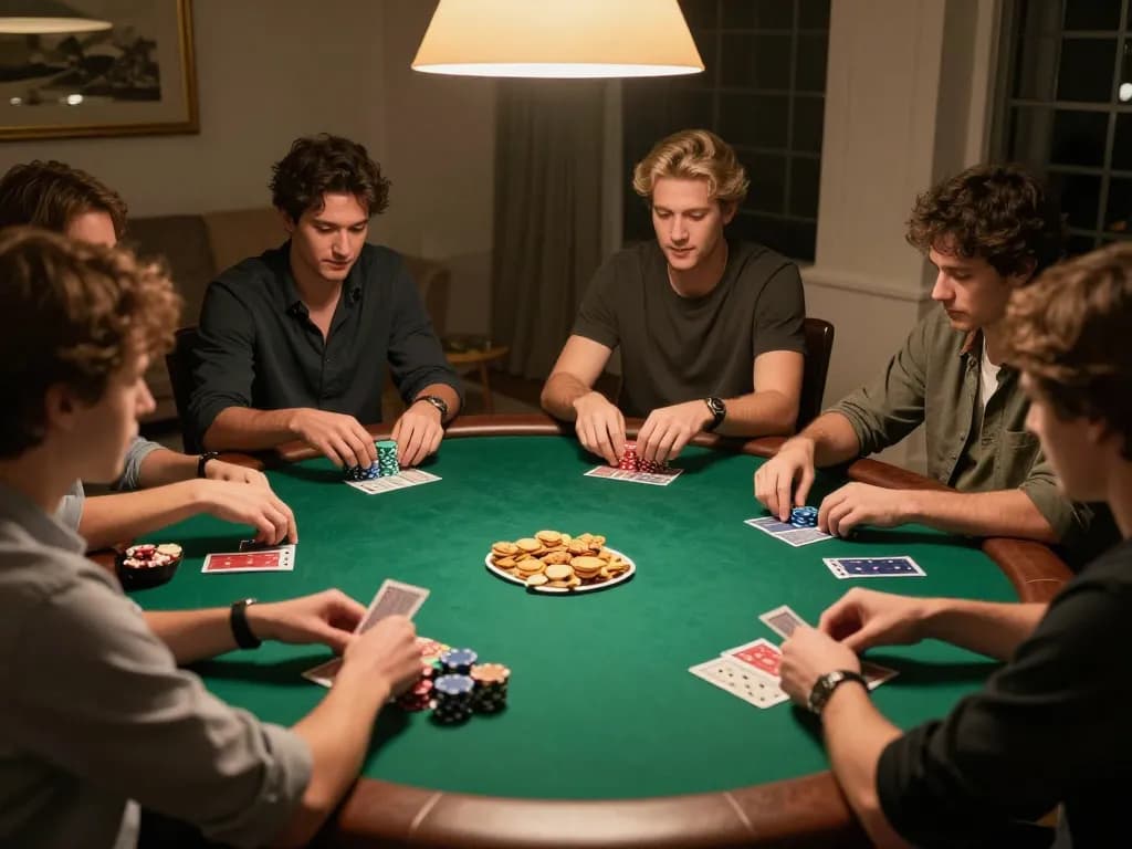 Players enjoy a friendly poker game at home, showcasing 78win poker strategies.