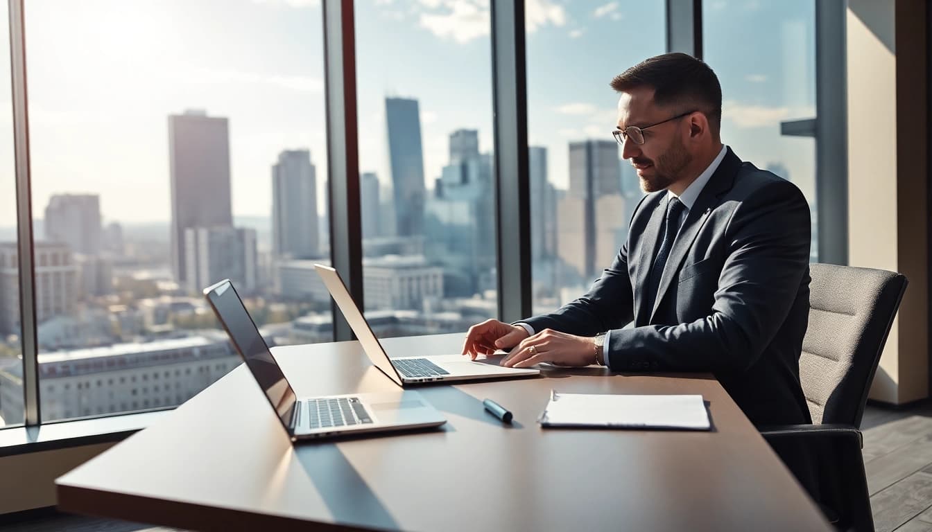 Headhunter Frankfurt berät in einem modernen Büro mit Skyline-Hintergrund