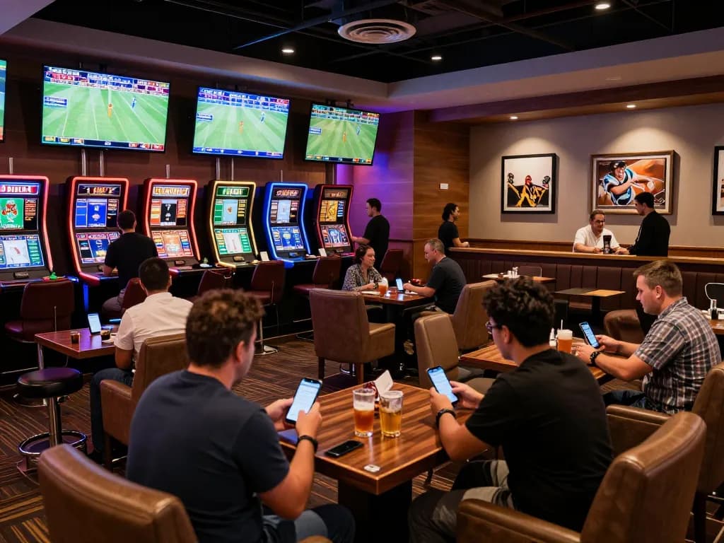 Engaged sports fans placing bets on บ้านผลบอล7m in a lively casino sports lounge with large screens displaying matches.