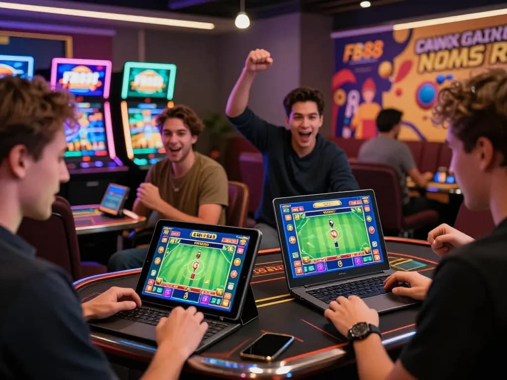Dynamic scene of players enjoying diverse betting options at fb88 online casino, showcasing excitement and modern gaming.