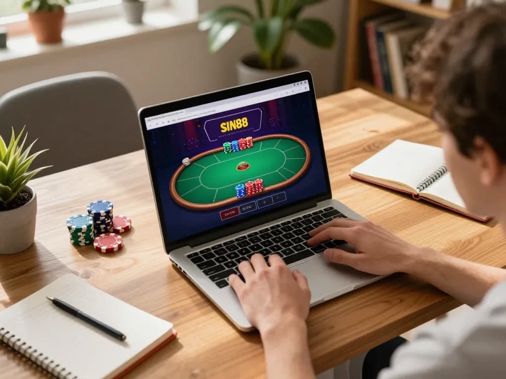Player enjoying an online casino experience on SIN88 with a laptop, showing poker gameplay strategies and cozy home setup.