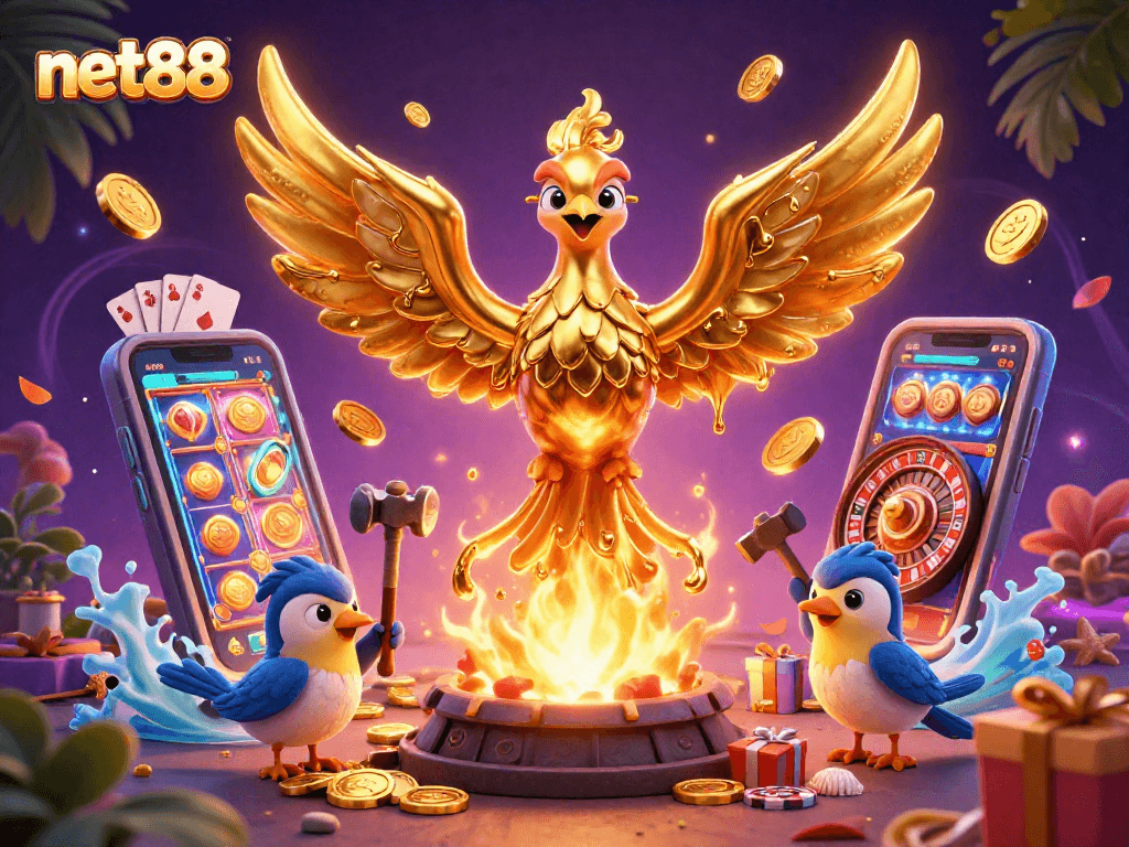 Experience the excitement of net88 with a golden phoenix and vibrant casino symbols in action!