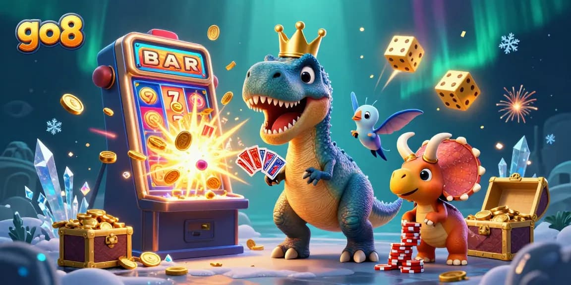 Engage with go8's fun casino experience featuring T-Rex and friends celebrating jackpots!