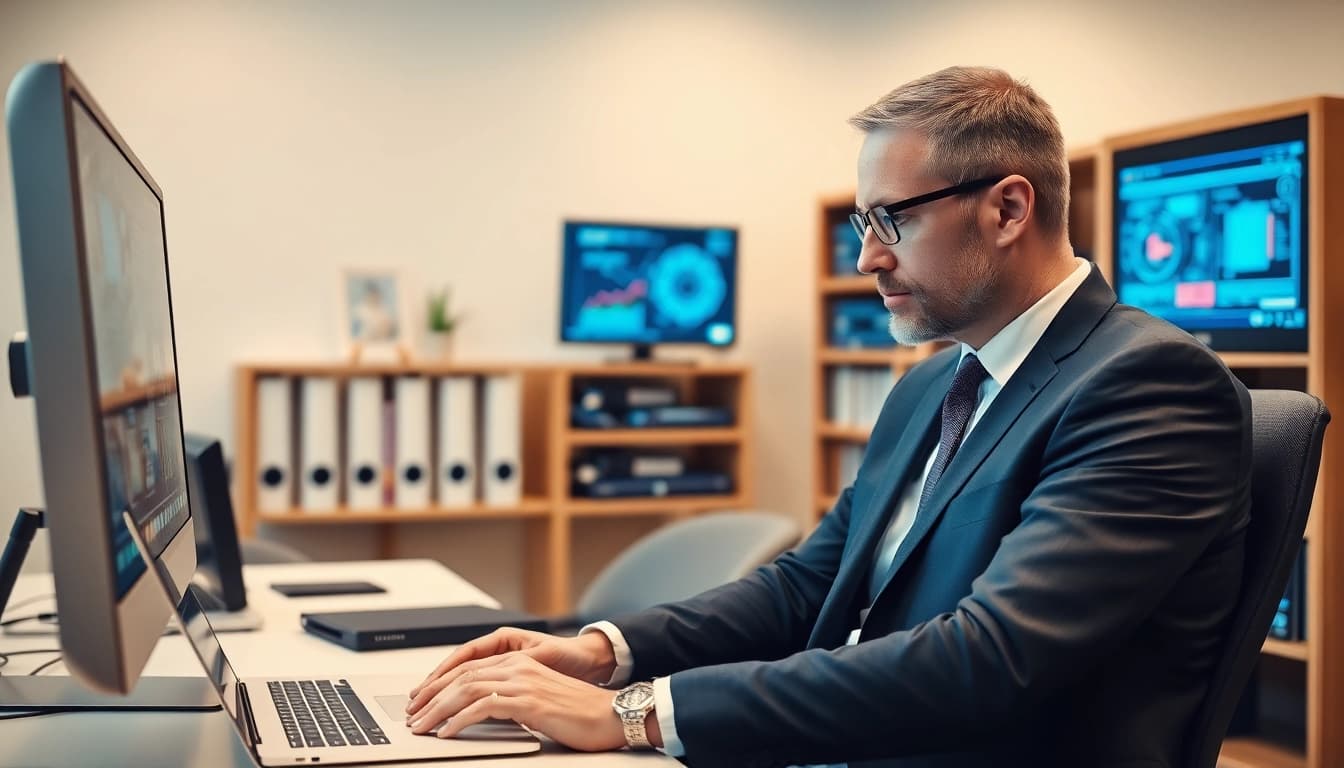 Headhunter IT: Professioneller Headhunter analysiert IT-Daten in modernem Büro.