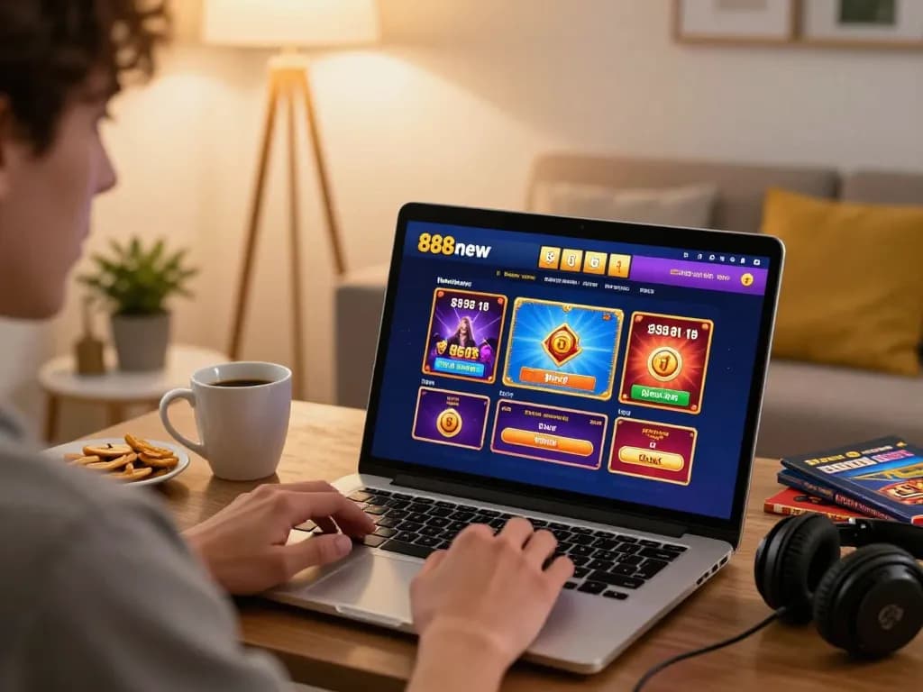 Player immersed in 888new online gaming session showcasing an engaging interface and cozy atmosphere.