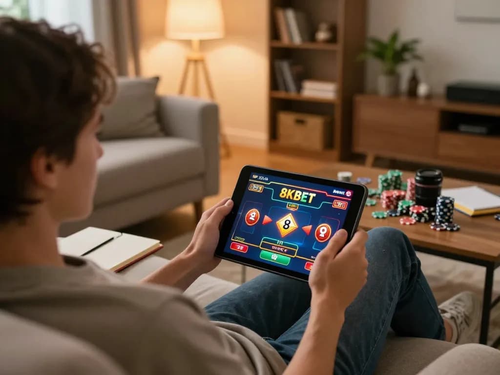 Enjoying online games on 8KBET link while tracking strategies in a cozy home setting