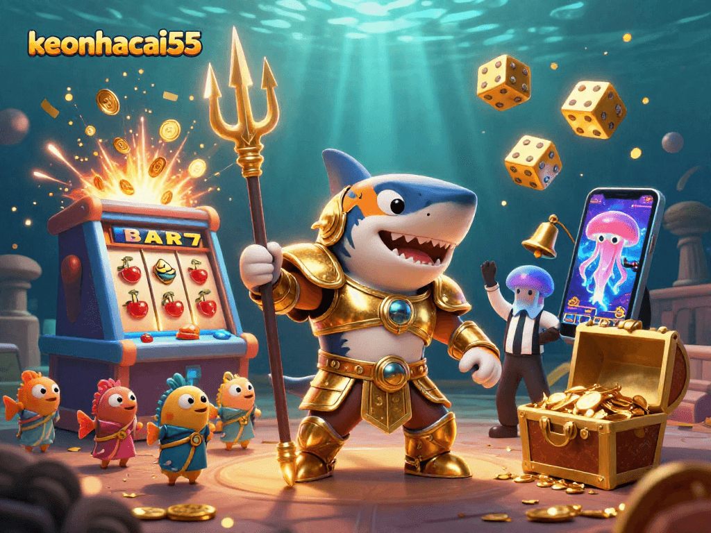 Experience the excitement of keonhacai55 with a dynamic underwater casino scene, featuring a gladiator shark and jackpot chaos.