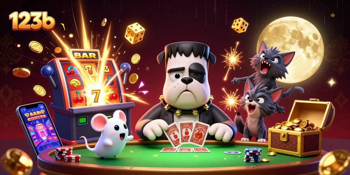 Cats and dogs play casino games in this vibrant 123b scene showcasing fun and excitement.