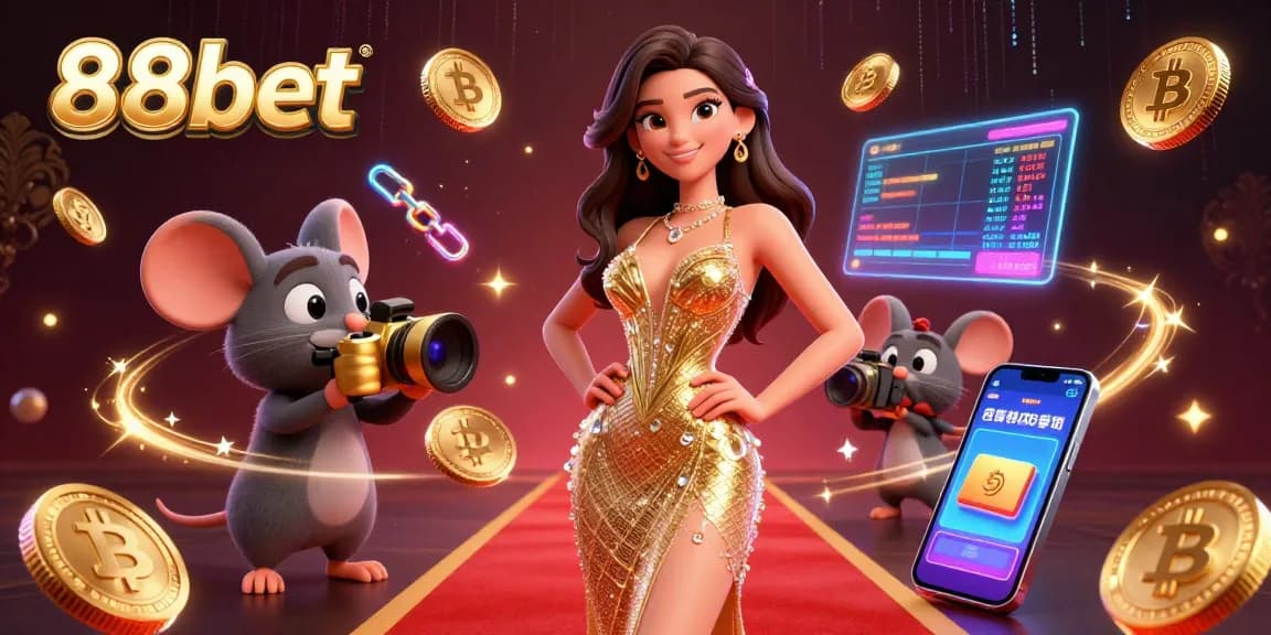Engage with 88bet through a vibrant casino scene featuring a glamorous character and cryptocurrency elements.