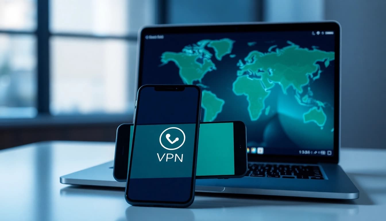 快连官网 VPN application interface displayed on a smartphone and laptop, symbolizing global connectivity.