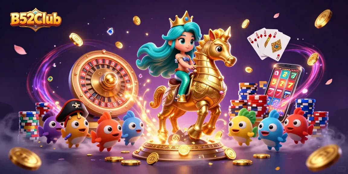 A vibrant scene capturing B52Club's magical mermaid princess and golden seahorse amidst a lavish casino atmosphere, celebrating online gaming.