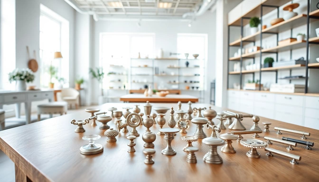 Der Möbelbeschläge-Lieferant zeigt elegante Hardware-Produkte in einem modernen Showroom.